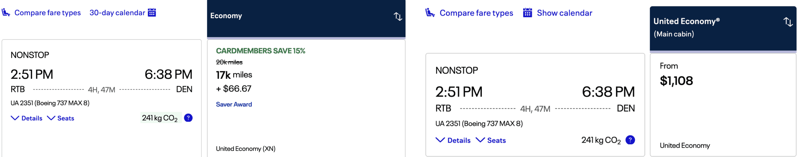 Comparison of United nonstop flights from Roatan to Denver showing a Saver award fare of 17,000 miles plus $66.67 in taxes versus a cash fare of $1,108 in economy class one way.