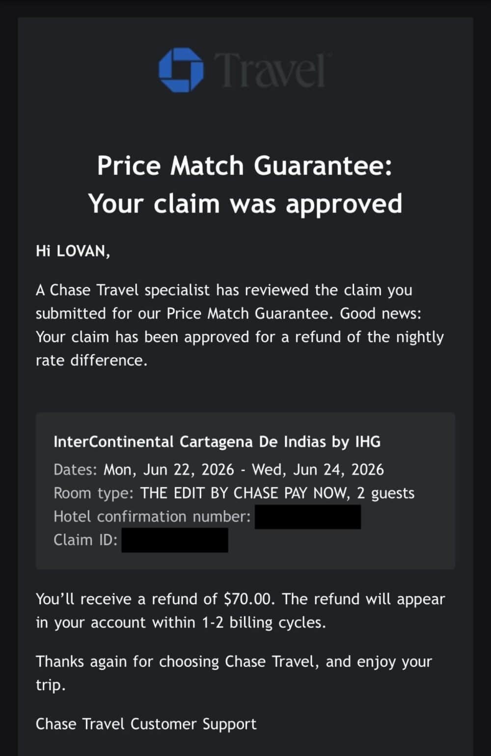 Chase Travel email confirming approval of a Price Match Guarantee claim for an InterContinental Cartagena stay, including a $70 refund for the nightly rate difference.