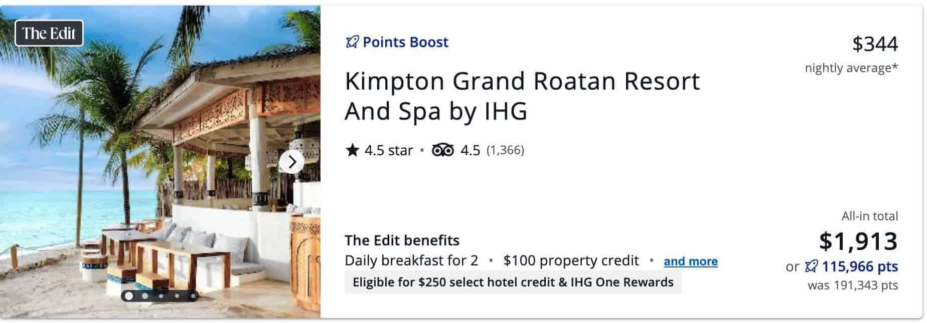 Kimpton Grand Roatan Resort and Spa by IHG booking page featuring a Chase Points Boost redemption of 115,966 points instead of 191,343 points, along with nightly cash rates and hotel benefits.