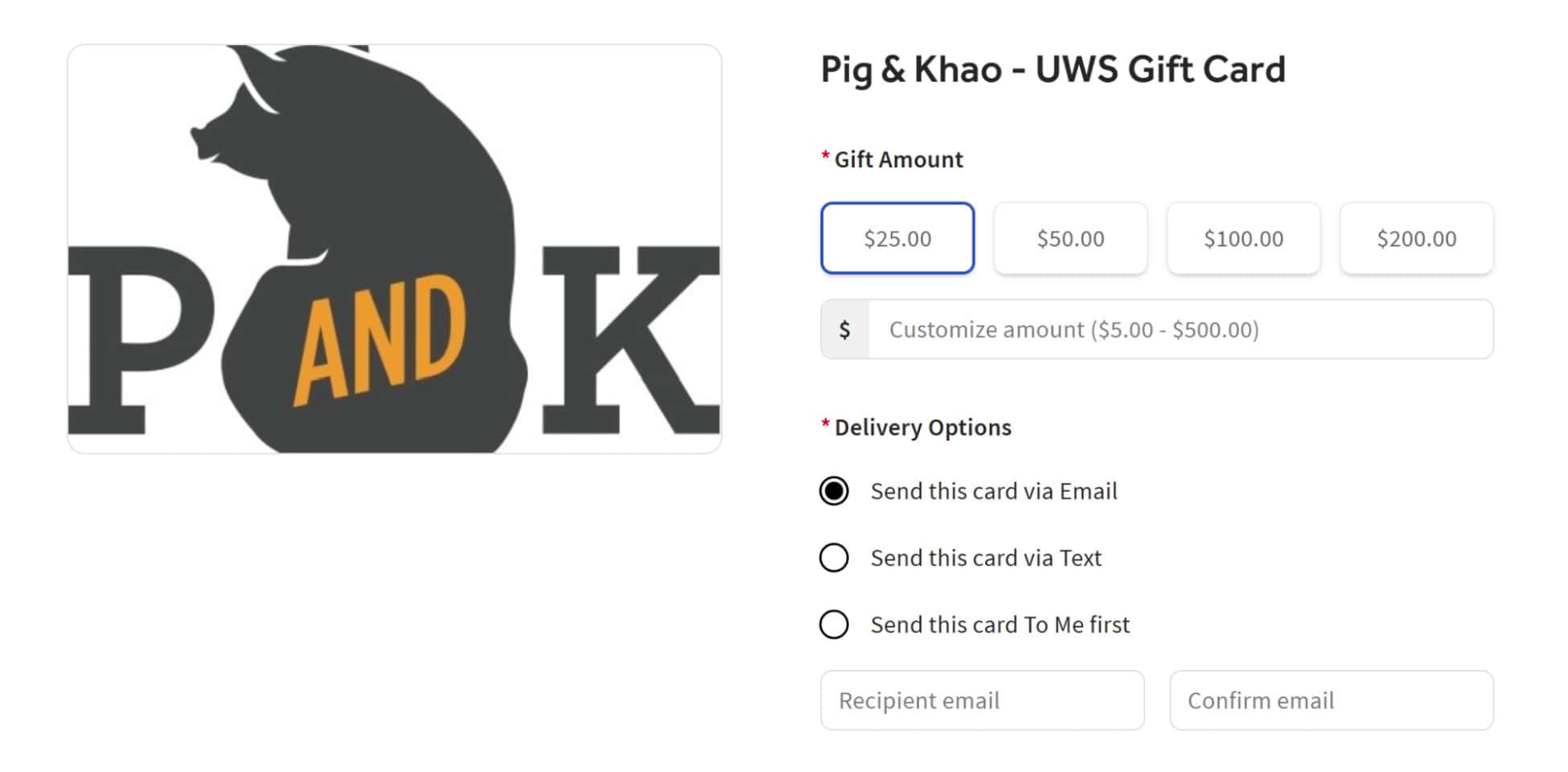 Pig & Khao UWS gift card purchase page with preset gift card amounts, a custom value option, and email or text delivery choices.