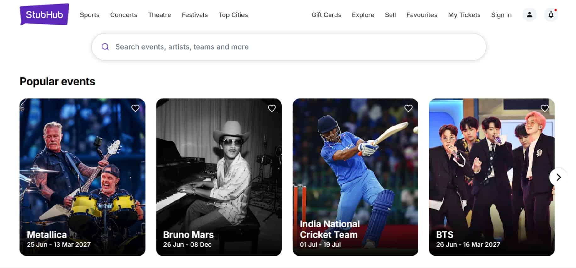 StubHub homepage featuring event categories, a search bar, and popular listings for concerts, sports, and live entertainment, including Metallica, Bruno Mars, the India National Cricket Team, and BTS.