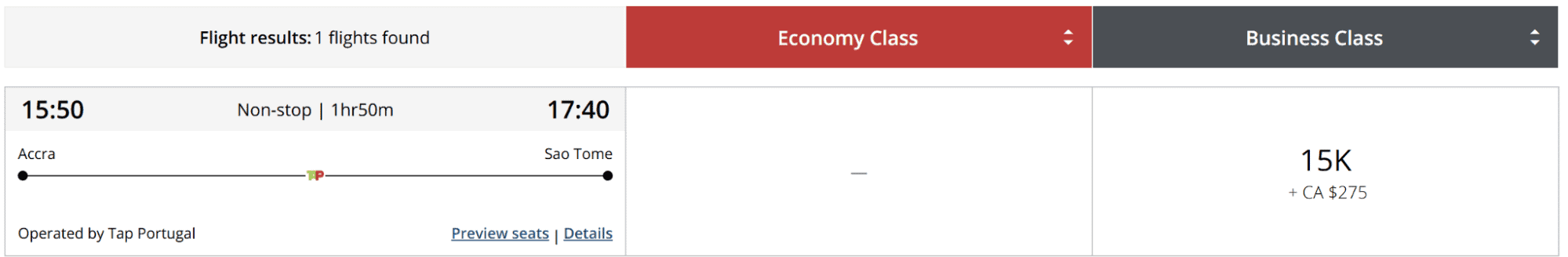 Air Canada Aeroplan award booking showing a TAP Air Portugal Business Class flight from Accra (ACC) to São Tomé (TMS), departing at 3:50 PM and arriving at 5:40 PM. The nonstop flight is available for 15,000 Aeroplan points plus CA$275 in taxes and fees for one passenger.