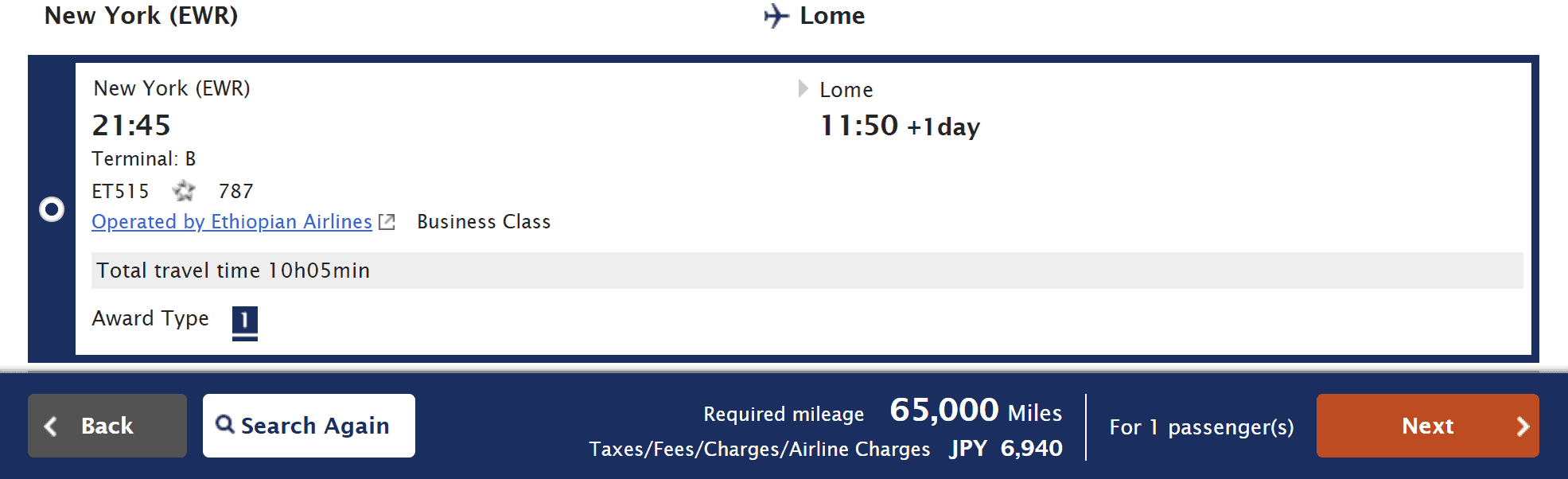 ANA Mileage Club award booking showing an Ethiopian Airlines nonstop Business Class flight from New York (EWR) to Lomé (LFW) on a Boeing 787 for 65,000 miles plus taxes and fees.