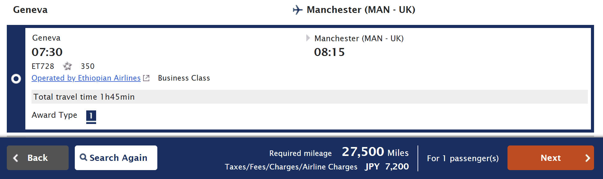 ANA Mileage Club award booking showing an Ethiopian Airlines Business Class flight from Geneva (GVA) to Manchester (MAN) on an Airbus A350 for 27,500 miles plus taxes and fees.