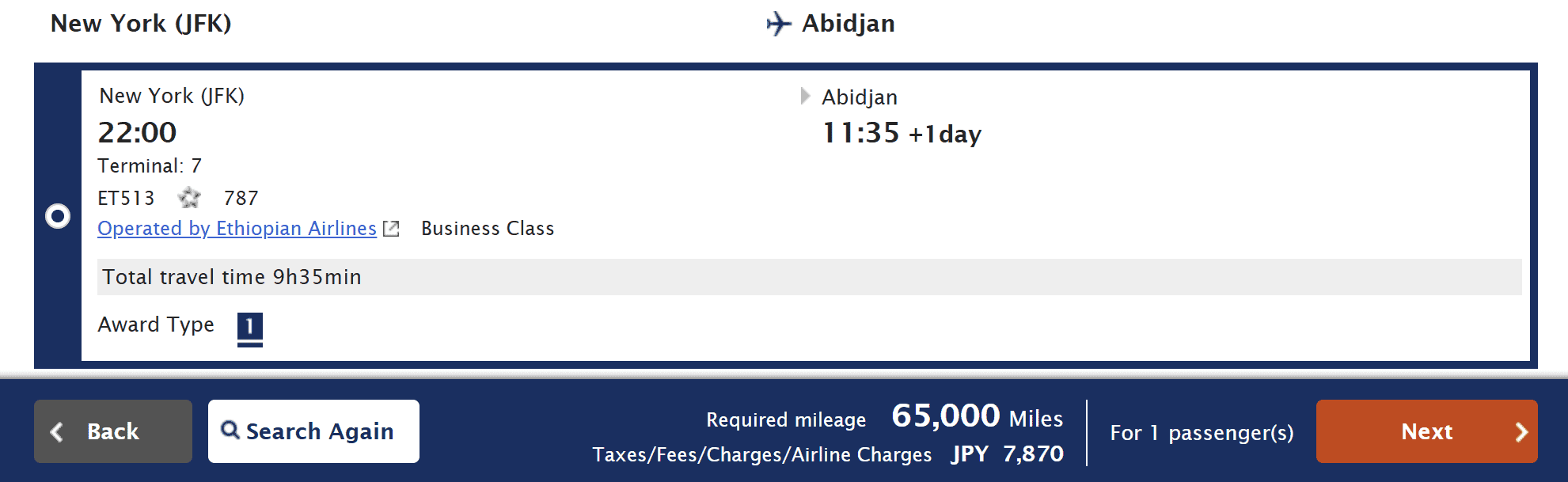 ANA Mileage Club award booking showing an Ethiopian Airlines nonstop Business Class flight from New York (JFK) to Abidjan (ABJ) on a Boeing 787 for 65,000 miles plus taxes and fees.