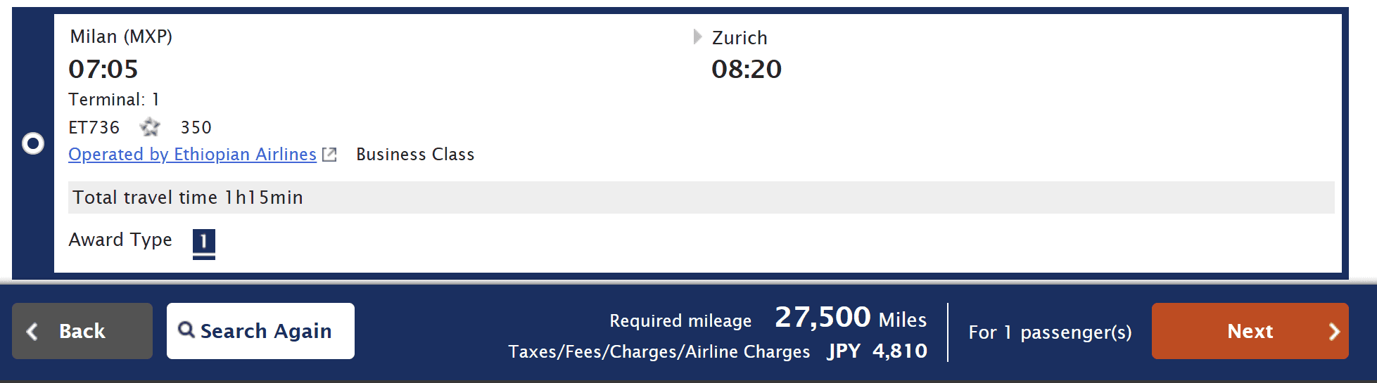 ANA Mileage Club award booking showing an Ethiopian Airlines Business Class flight from Milan (MXP) to Zurich (ZRH) on an Airbus A350 for 27,500 miles plus taxes and fees.