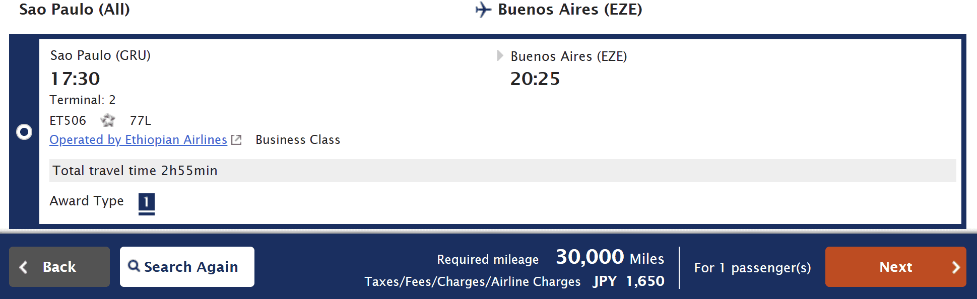 ANA Mileage Club award booking showing an Ethiopian Airlines Business Class flight from São Paulo (GRU) to Buenos Aires (EZE) on a Boeing 777-200LR for 30,000 miles plus taxes and fees.