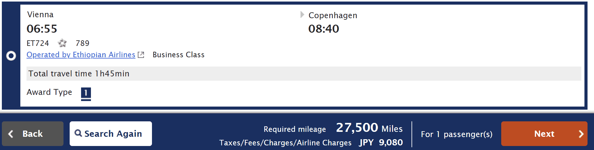 ANA Mileage Club award booking showing an Ethiopian Airlines Business Class flight from Vienna (VIE) to Copenhagen (CPH) on a Boeing 787 for 27,500 miles plus taxes and fees.