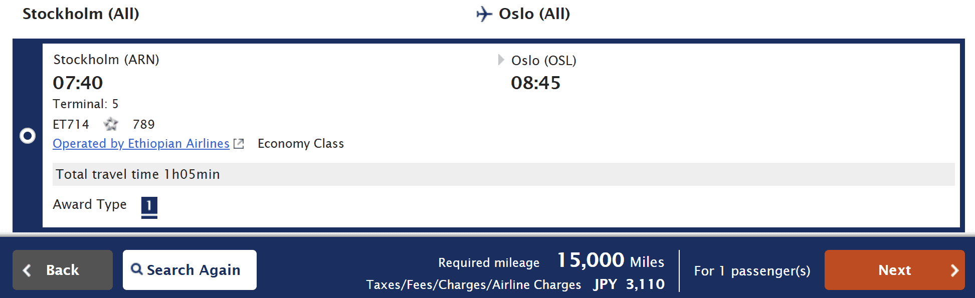 ANA Mileage Club award booking showing an Ethiopian Airlines Economy Class flight from Stockholm (ARN) to Oslo (OSL) on a Boeing 787 for 15,000 miles plus taxes and fees.