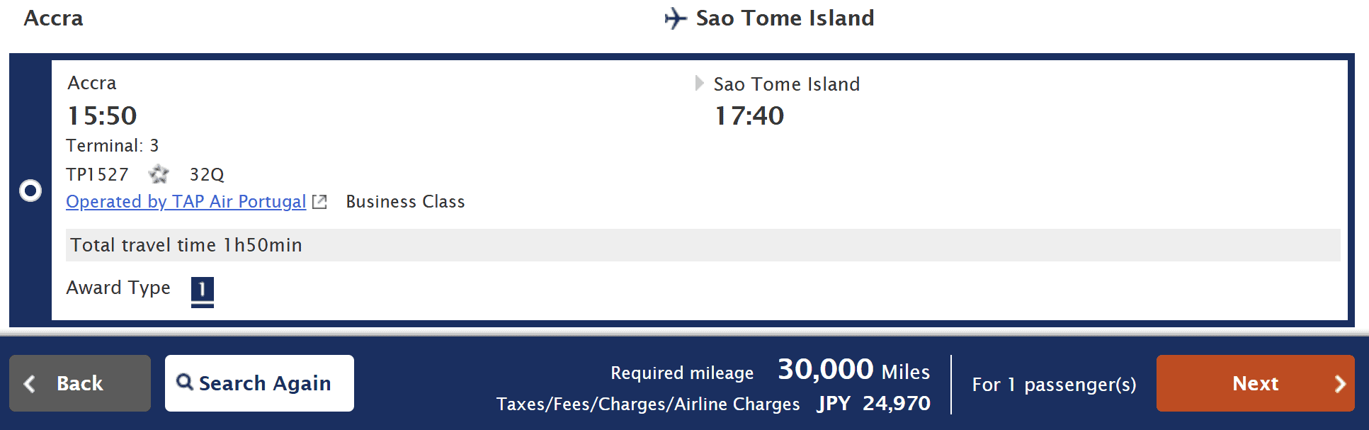 ANA Mileage Club award booking showing a TAP Air Portugal Business Class flight from Accra (ACC) to São Tomé Island (TMS) on flight TP1527, departing at 3:50 PM and arriving at 5:40 PM. The nonstop flight is available for 30,000 ANA Mileage Club miles plus JPY 24,970 in taxes and fees for one passenger.