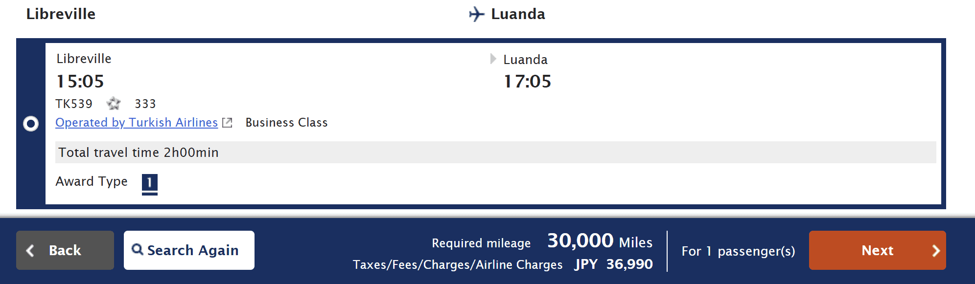 ANA Mileage Club award booking showing a Turkish Airlines Business Class flight from Libreville (LBV) to Luanda (LAD) on flight TK539, departing at 3:05 PM and arriving at 5:05 PM. The nonstop flight is available for 30,000 ANA Mileage Club miles plus JPY 36,990 in taxes and fees for one passenger.