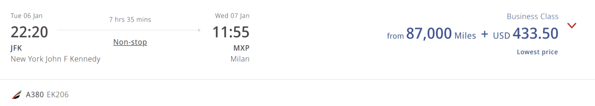 Emirates Skywards award booking showing a nonstop Emirates Business Class flight from New York (JFK) to Milan (MXP) on an Airbus A380 for 87,000 miles plus $433.50 in taxes and fees.