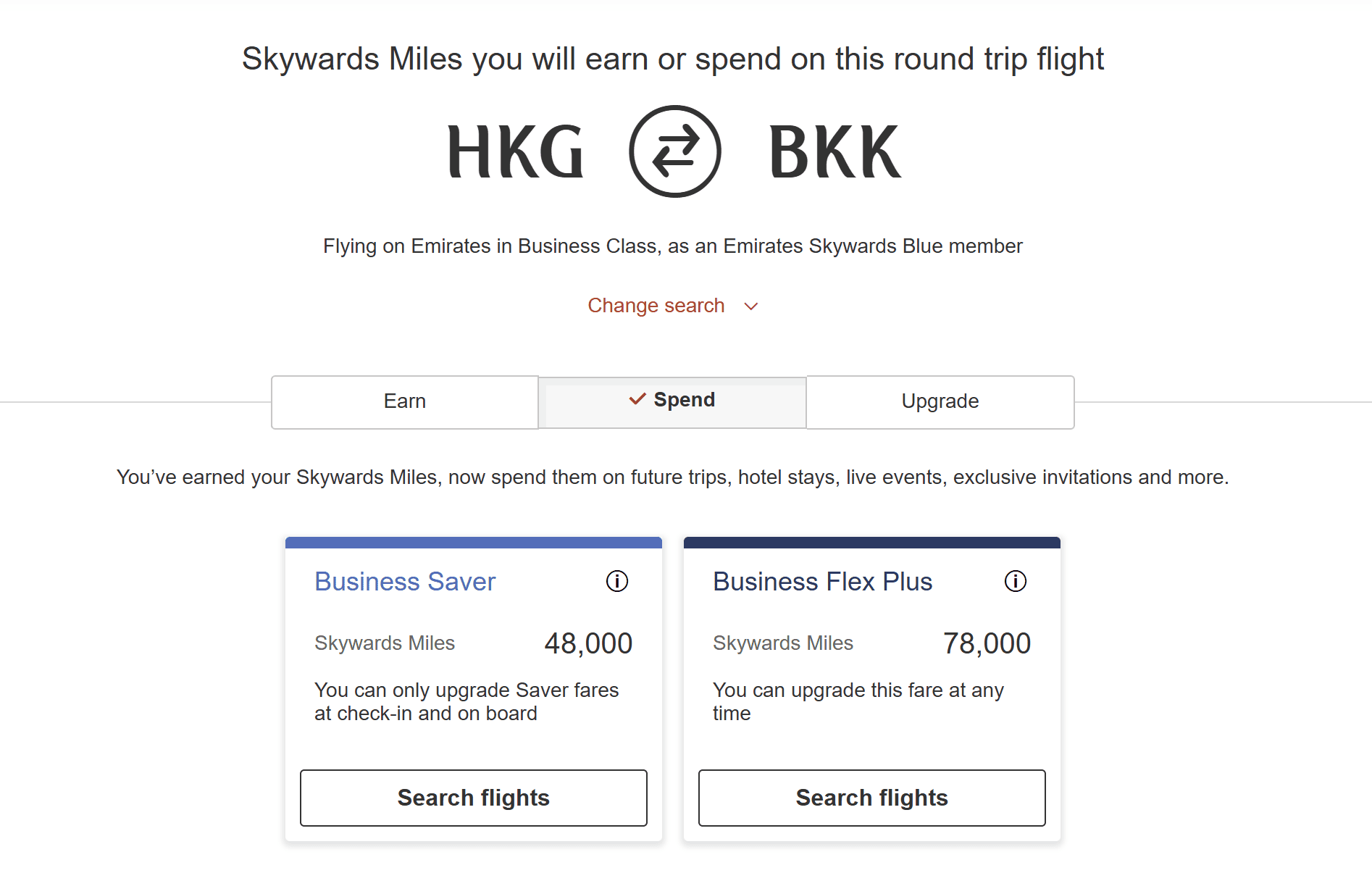Emirates Skywards award chart for round-trip Business Class travel between Hong Kong (HKG) and Bangkok (BKK), showing Business Saver pricing at 48,000 Skywards miles and Business Flex Plus pricing at 78,000 Skywards miles.