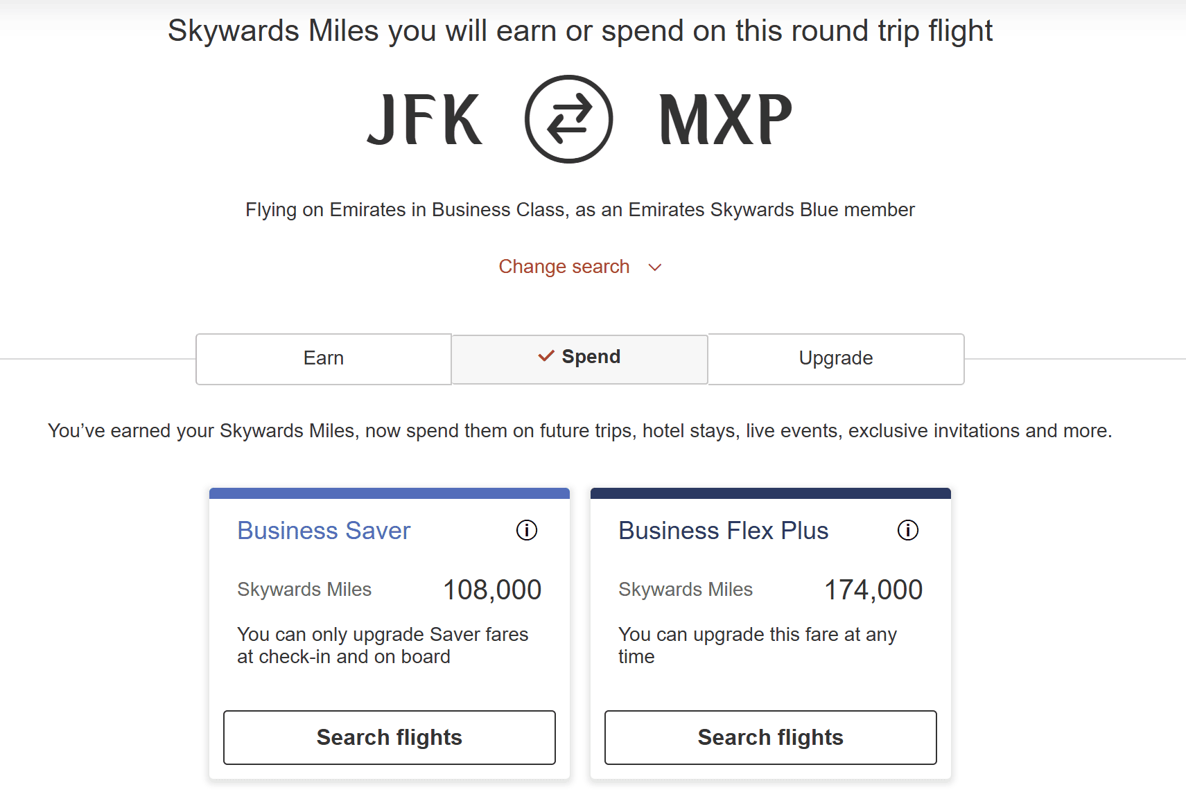 Emirates Skywards mileage calculator showing round-trip Business Class award pricing between New York (JFK) and Milan (MXP), with Business Saver requiring 108,000 miles and Business Flex Plus requiring 174,000 miles.