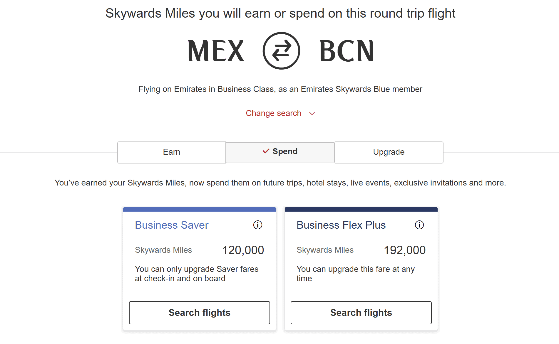 Emirates Skywards award chart for round-trip Business Class travel between Mexico City (MEX) and Barcelona (BCN), showing Business Saver pricing at 120,000 Skywards miles and Business Flex Plus pricing at 192,000 Skywards miles.