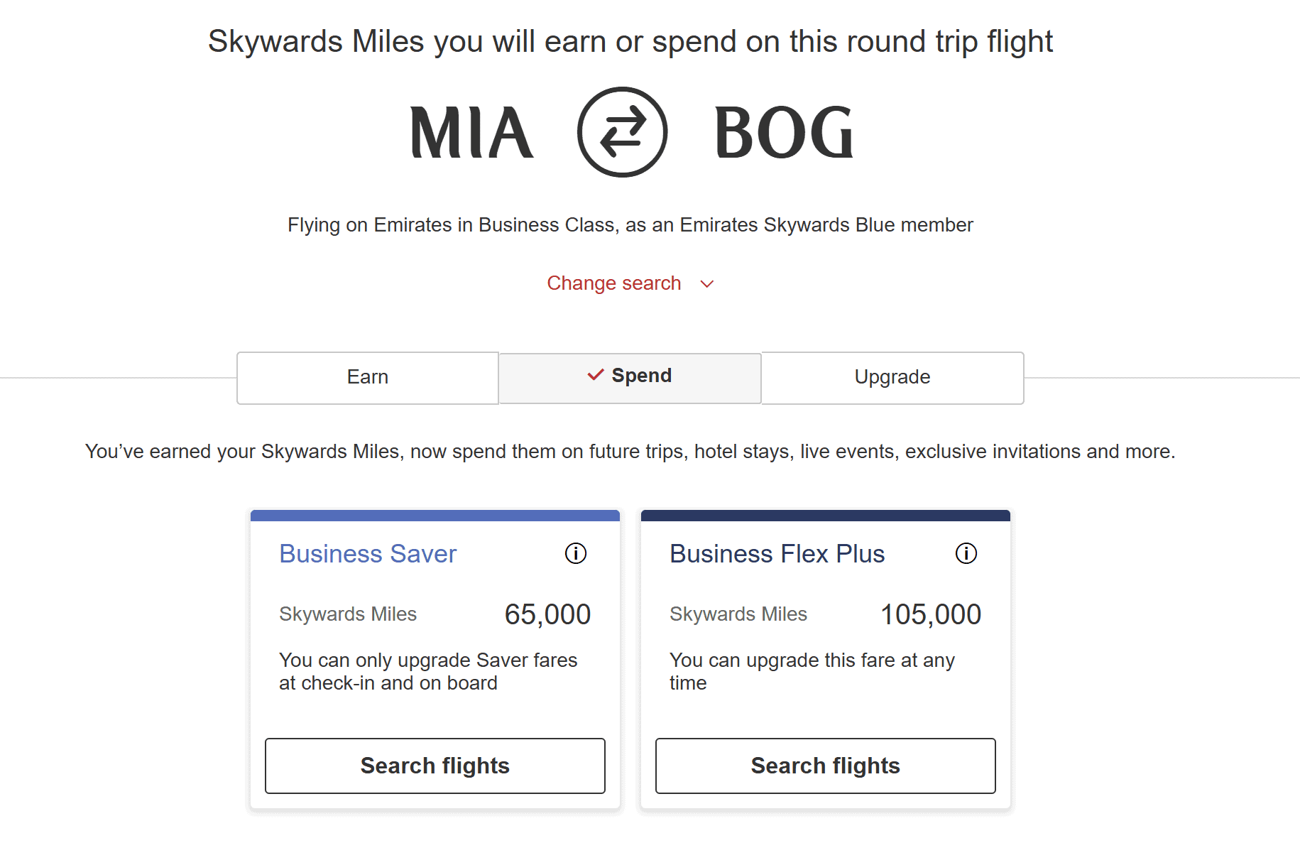 Emirates Skywards award chart for round-trip Business Class travel between Miami (MIA) and Bogotá (BOG), showing Business Saver pricing at 65,000 Skywards miles and Business Flex Plus pricing at 105,000 Skywards miles.