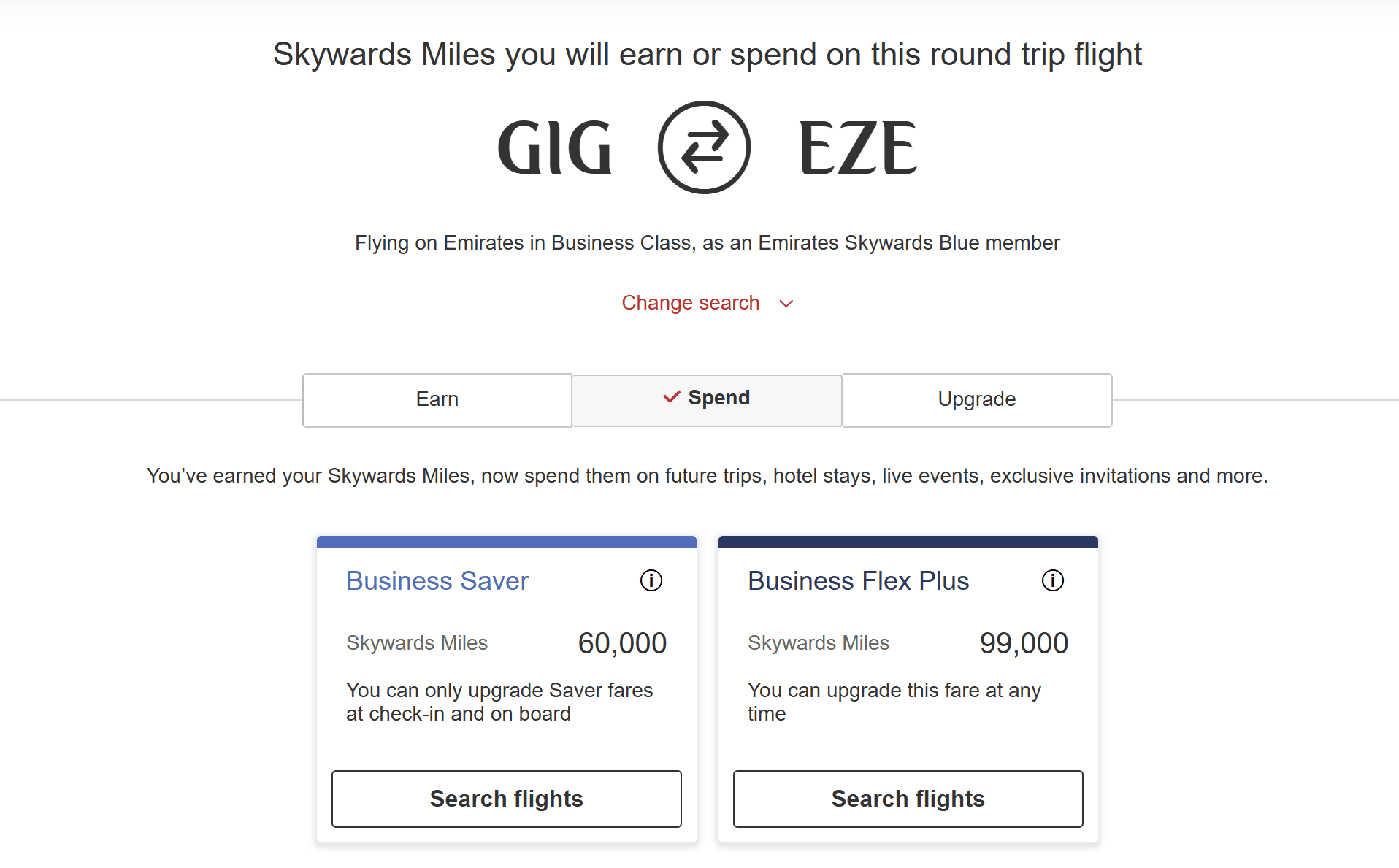 Emirates Skywards award chart for round-trip Business Class travel between Rio de Janeiro (GIG) and Buenos Aires (EZE), showing Business Saver pricing at 60,000 Skywards miles and Business Flex Plus pricing at 99,000 Skywards miles.