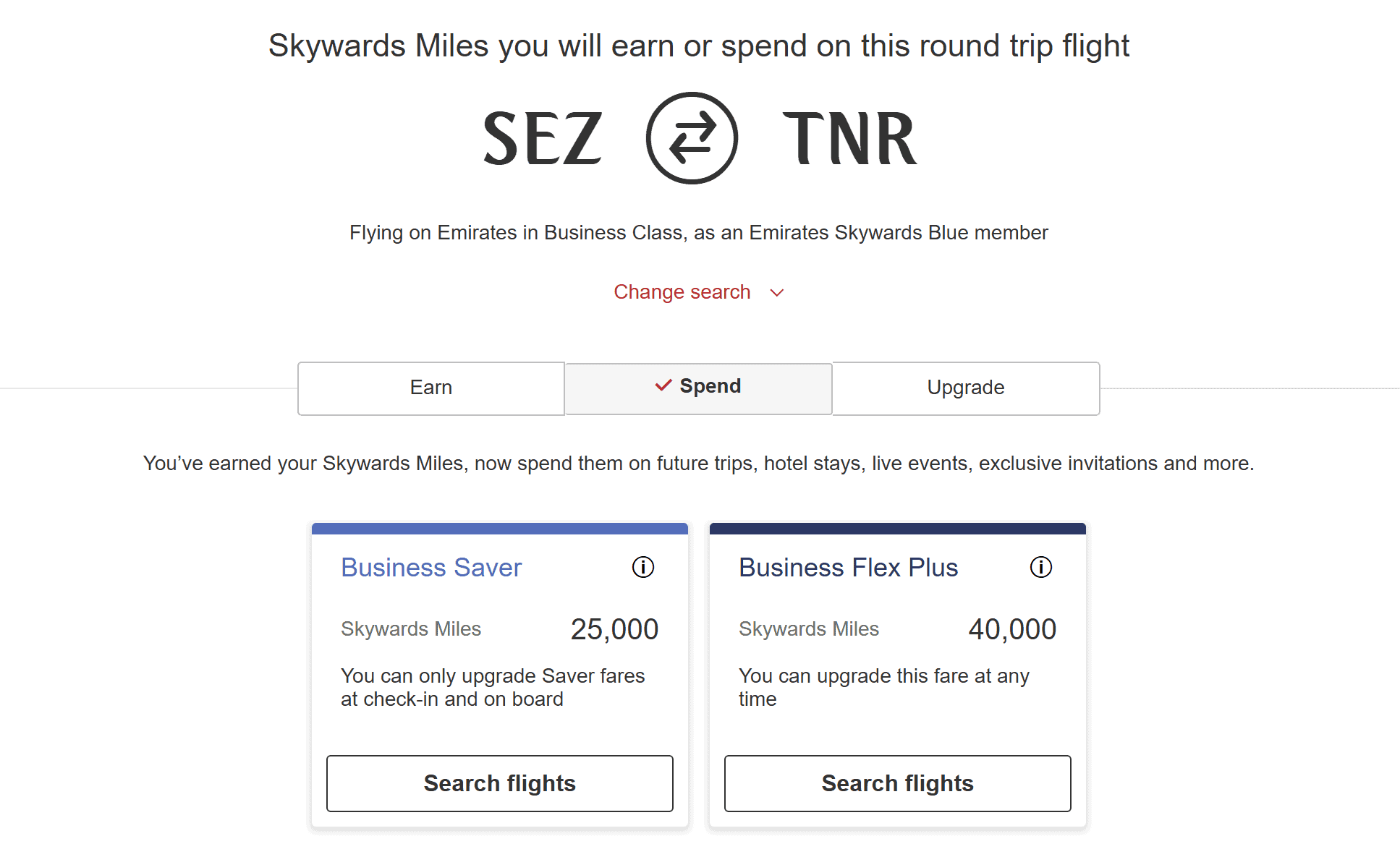 Emirates Skywards award chart for round-trip Business Class travel between Seychelles (SEZ) and Antananarivo (TNR), showing Business Saver pricing at 25,000 Skywards miles and Business Flex Plus pricing at 40,000 Skywards miles.