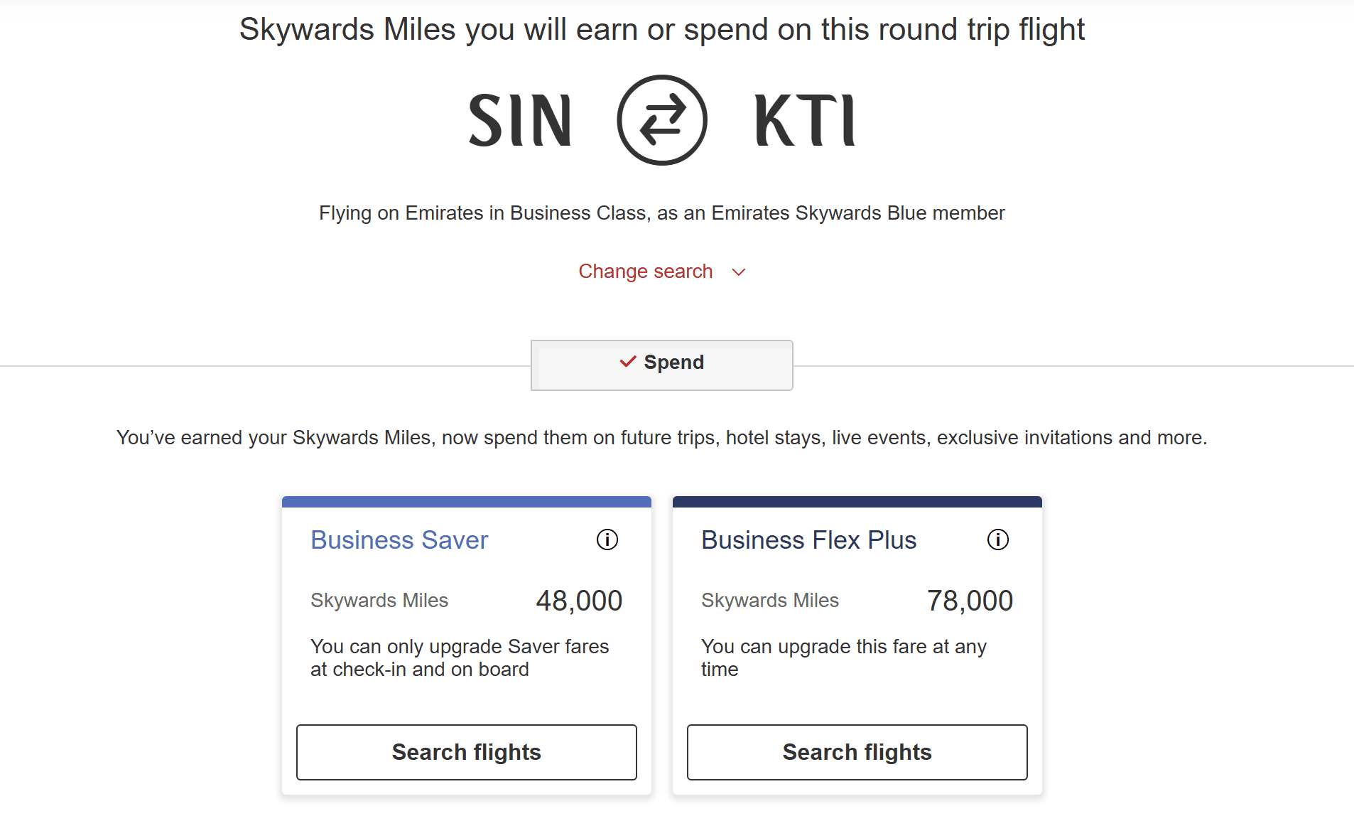 Emirates Skywards award chart for round-trip Business Class travel between Singapore (SIN) and Kotoka International Airport (KTI), showing Business Saver pricing at 48,000 Skywards miles and Business Flex Plus pricing at 78,000 Skywards miles.