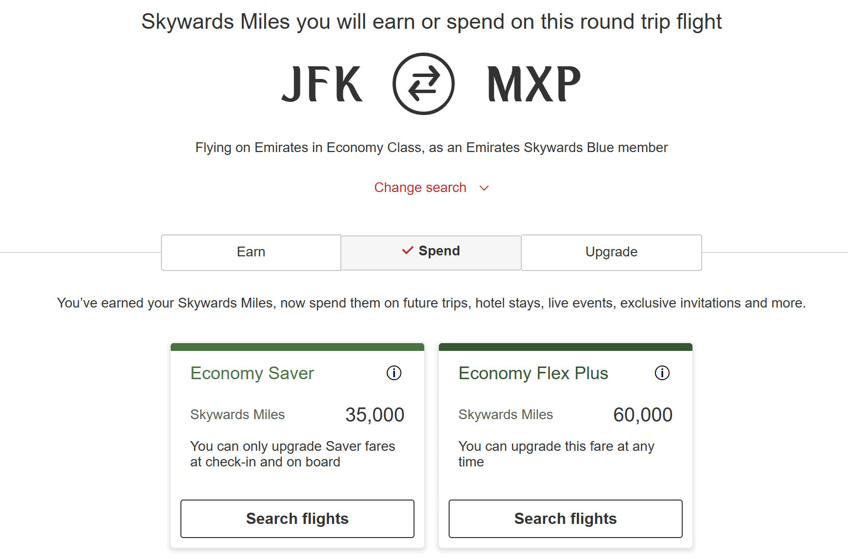 Emirates Skywards award chart for round-trip Economy Class travel between New York (JFK) and Milan (MXP), showing Economy Saver pricing at 35,000 Skywards miles and Economy Flex Plus pricing at 60,000 Skywards miles.