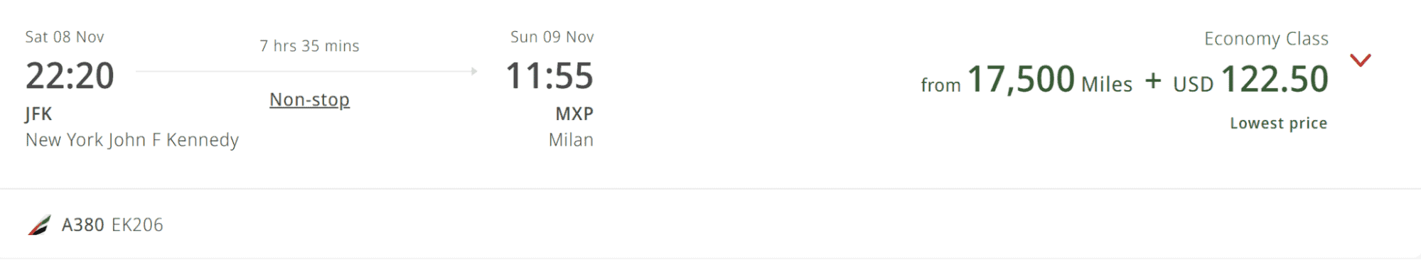 Emirates Skywards search results showing a nonstop Economy Class award flight from New York (JFK) to Milan (MXP) on an Airbus A380, available from 17,500 Skywards miles plus $122.50 in taxes and fees.