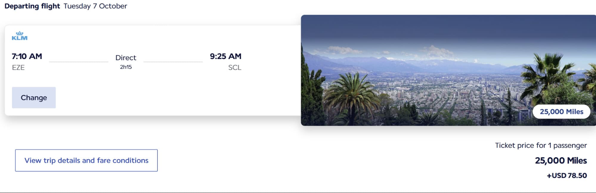 KLM Flying Blue award booking showing a nonstop Economy Class flight from Buenos Aires (EZE) to Santiago (SCL) departing at 7:10 AM and arriving at 9:25 AM, priced at 25,000 Flying Blue miles plus USD 78.50 in taxes and fees for one passenger.