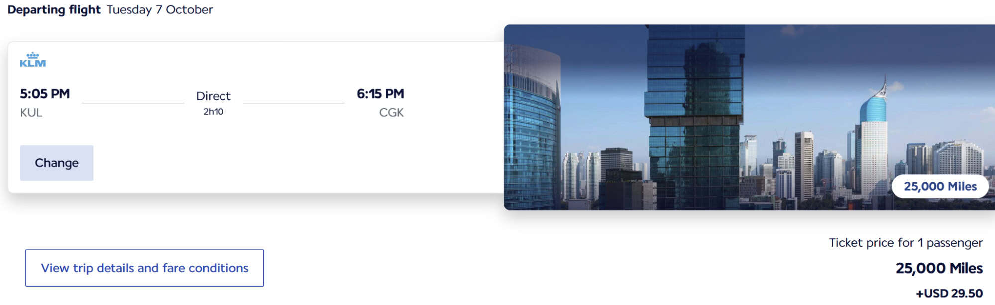 KLM Flying Blue award booking showing a nonstop Economy Class flight from Kuala Lumpur (KUL) to Jakarta (CGK) departing at 5:05 PM and arriving at 6:15 PM, priced at 25,000 Flying Blue miles plus USD 29.50 in taxes and fees for one passenger.