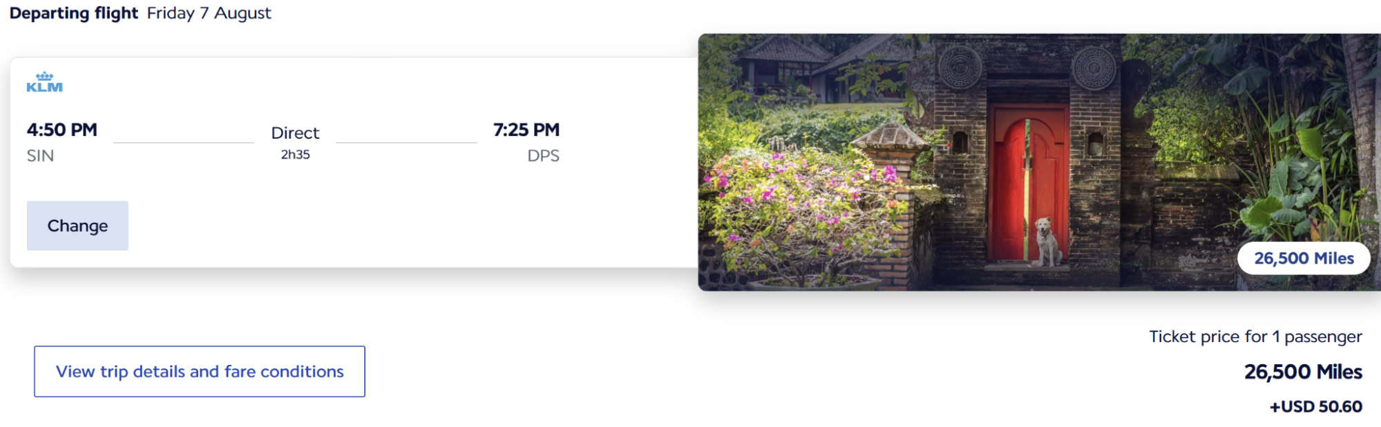 KLM Flying Blue award booking showing a nonstop Economy Class flight from Singapore (SIN) to Bali (DPS) departing at 4:50 PM and arriving at 7:25 PM, priced at 26,500 Flying Blue miles plus USD 50.60 in taxes and fees for one passenger.