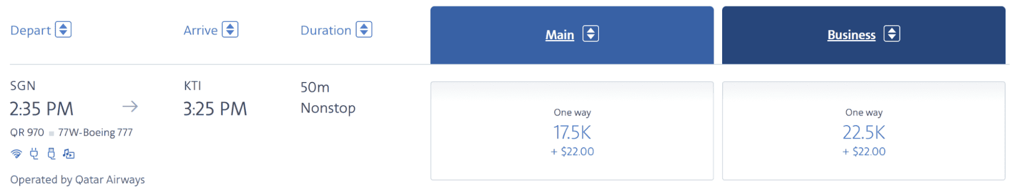 Qatar Airways Privilege Club award booking showing a nonstop flight from Ho Chi Minh City (SGN) to Kota Kinabalu (KTI) on flight QR970, departing at 2:35 PM and arriving at 3:25 PM. Economy award pricing starts at 17,500 Avios plus $22, while Business Class starts at 22,500 Avios plus $22 for a one-way flight.