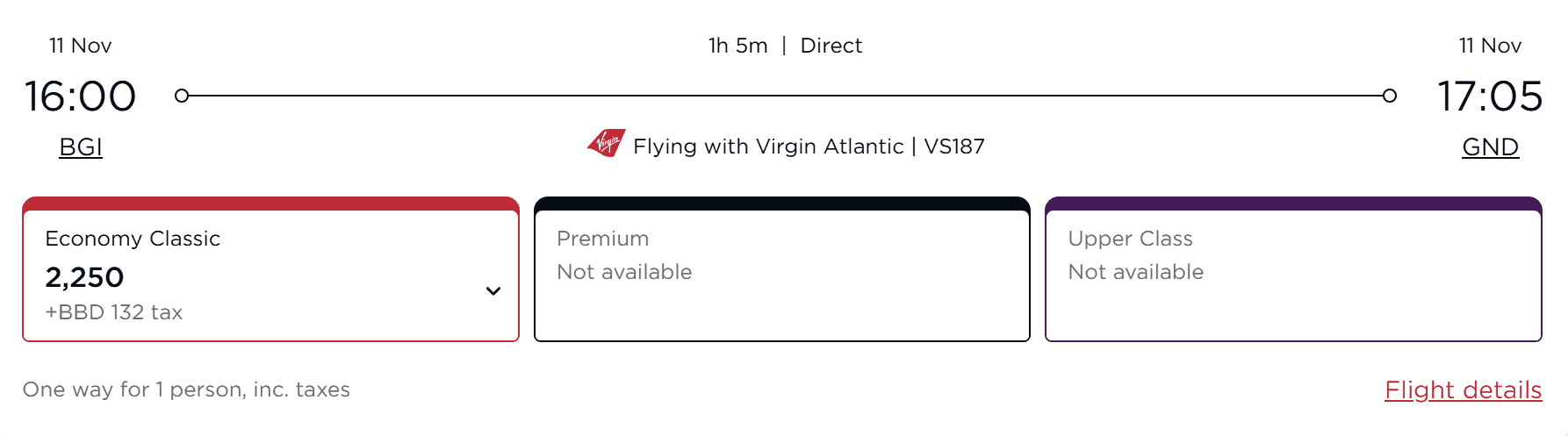 Virgin Atlantic Flying Club award booking showing a nonstop Economy Classic flight from Bridgetown, Barbados (BGI) to Grenada (GND) on Virgin Atlantic flight VS187, departing at 4:00 PM and arriving at 5:05 PM. The one-way award costs 2,250 Virgin Points plus BBD 132 in taxes, with Premium and Upper Class awards unavailable.