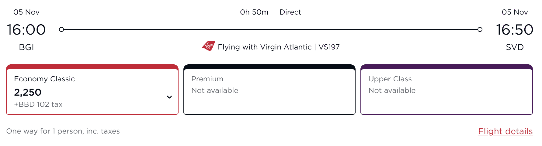 Virgin Atlantic Flying Club award booking showing a nonstop Economy Classic flight from Bridgetown, Barbados (BGI) to Saint Vincent (SVD) on Virgin Atlantic flight VS197, departing at 4:00 PM and arriving at 4:50 PM. The one-way award costs 2,250 Virgin Points plus BBD 102 in taxes, with Premium and Upper Class awards unavailable.