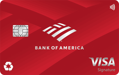 Bank of America Visa Signature credit card with a red geometric pattern, chip, and contactless payment symbol.