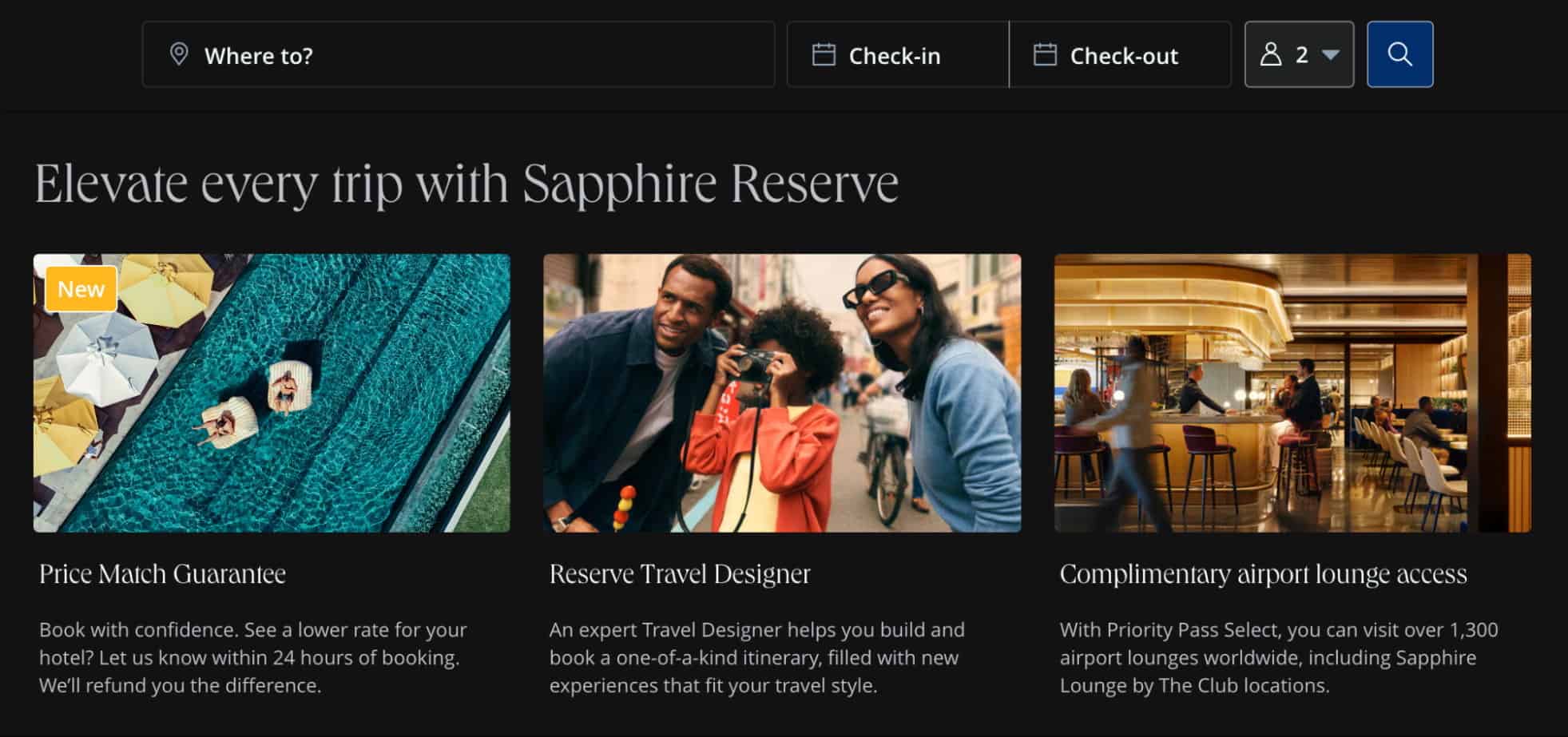 Chase Sapphire Reserve travel page showing Price Match Guarantee, Reserve Travel Designer, and complimentary airport lounge access benefits.