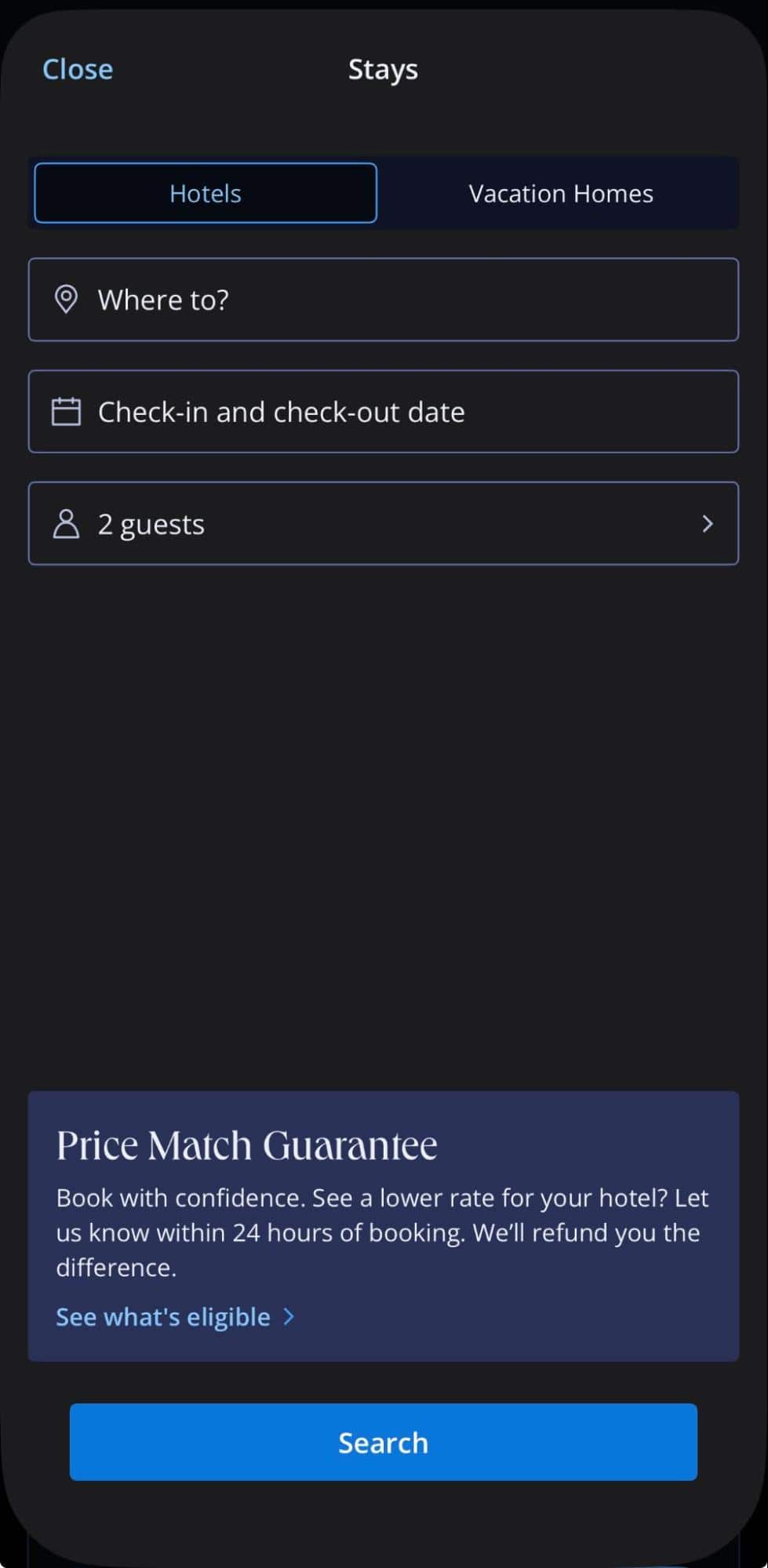 Chase Travel hotel search screen showing the Price Match Guarantee for hotel bookings and a search option for two guests.